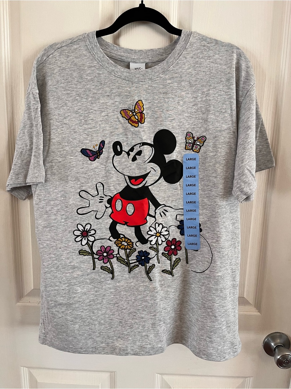 New Disney Gray Mickey Mouse Tee Colorful Embroidered Flowers Butterflies Large